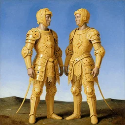 full scale painting of siamese twins made of spaghetti, intricate and elegant armor made of fractals of spagetthi, highly detailed, head, torso, legs, ground, sky, by giuseppe arcimboldo and ambrosius benson, renaissance, a touch of beksinski and takato yamamoto, realistic