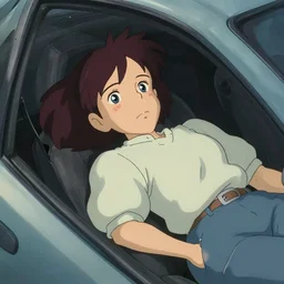 a brunnete girl with blue eyes and puffy cheeks lying in a car accident, long shot from the top, anime art, Greg Rutkowski, studio ghibli, dramatic lighting