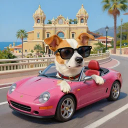 a painting of a hipster dog driving a convertible in monte carlo, in the style of greg rutkowski and artgerm, highly detailed, artstation