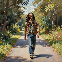 bob marley walking along the gistelsesteenweg, painted by scott listfield, sunny, happy