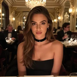 mila kunis sitting across the camera wearing a black choker staring into the camera in an expensive restaurant, point of view, intricate, elegant, tasteful, highly detailed, shallow depth of field, artgerm, donato giancola, joseph christian leyendecker