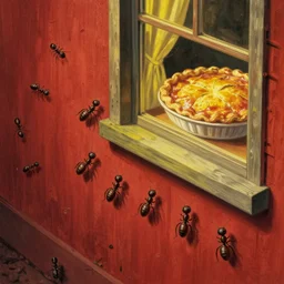 a line of ants heading up an outside wall towards a pie cooling in the window, in the style of beksinski, intricate and epic composition, red by caravaggio, insanely quality, highly detailed, masterpiece, yellow light, artstation, 4 k