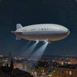 dieselpunk airship flying over a city at night, matte oil painting, landscape, spotlights, detailed