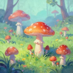 a water painting of a field of mushroom in a vaporwave world