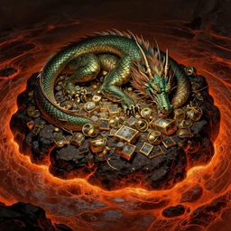 dragon sleeping on a mound of treasure floating on a lava pond. painted by michelangelo. cinematic, epic composition, dramatic lighting, intricate scales, handpainted