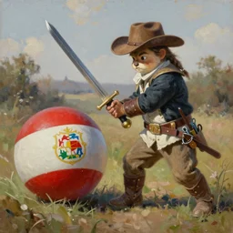 hyper realistic oil painting of a countryball holding a sword attacking another country ball