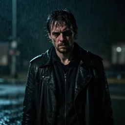 a still of edgar savisaar, starring as a drunk man, dystopian, cinematic lighting, nighttime, rain