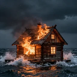 a burning wooden cottage surrounded by storming sea, artstation, jakub rozalski, high detail, dramatic lighting, night, fog