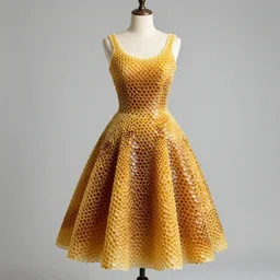 a beautiful dress made of a bee hive, on a mannequin. high resolution, studio lighting