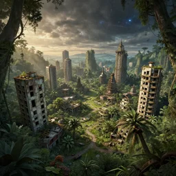 a beautiful hyperdetailed render of abandoned urbex architecture city nature industrial architecture village unfinished building by salvador dali, fisheye rainforest scumm bar cosmic postcyberpunk at dawn, archdaily, wallpaper, highly detailed, trending on artstation.