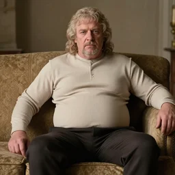 full body photo of older king robert human the wise. he is sitting gracefully on a sofa, he wear's elegant elastic beige shirt. oh he is a human by the way, his belly is massive and bouncy belly
