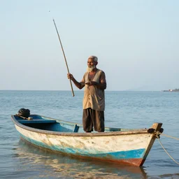 photo of wise man as a fisherman on a small boat by the coast