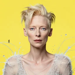 Woman portrait, Tilda Swinton, ice crystal wires everywhere, yellow, flat background, by Edgar Maxence and Ross Tran, Zdzisław Beksiński, and Michael Whelan, distant, gustav dore, H.R. Giger, 8k, octane render