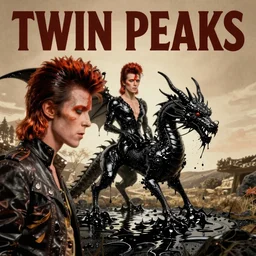 twin peaks poster art, david bowie finds the black dragon made of ferrofluid, viscous, sticky, full of black goo, splattered black goo, dripping black goo, splattered goo, by michael whelan, rossetti bouguereau, artgerm, retro, nostalgic, old fashioned