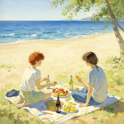 a picnic on the beach by by tsuyoshi nagano, greg rutkowski, artgerm, alphonse mucha
