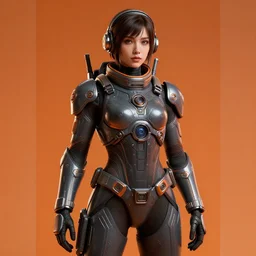 female character, space traveller, proportional figure, delicate features, alluring, cyberpunk armor, navigator gear, dark gray and orange, plated, dark orange background, poster style, ultra realistic, ultra detailed, volumetric light, unreal engine, 8 k