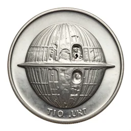 silver coin with a relief of a death star, cinematic