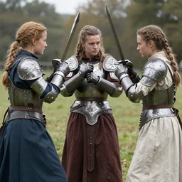 three young shieldmaidens learn to fight, film still