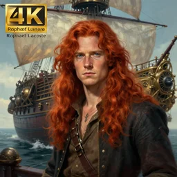 portrait painting of a long haired, red headed male sky pirate in front of steampunk airship by raphael lacoste and stephan martiniere fantasy soft hair trending on artstation key art dramtic volumetric lighting, 4 k, award winning