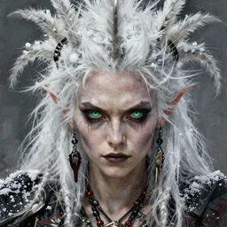 portrait painting of a punk human warrior with green eyes and snow white fur, ultra realistic, concept art, intricate details, eerie, highly detailed, photorealistic, octane render, 8 k, unreal engine. art by artgerm and greg rutkowski and charlie bowater and magali villeneuve and alphonse mucha