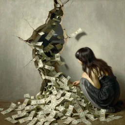 money flood from broken wall. By Bouguereau. Ruan Jia. Ayami Kojima. Masterpiece