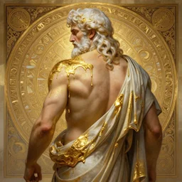painted back portrait of rugged zeus greek god by greg rutkowski craig mullins artgerm alphonse mucha, dripping molten gold, white hair handsome muscular upper body mature flowing robe [ ancient greek motifs ] background fantasy intricate elegant detailed digital painting concept art artstation sharp focus illustration