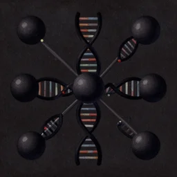 retro dark vintage sci-fi, 2D matte dark gouache illustration, DNA connecting spheres, symetric