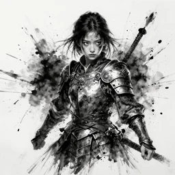splatter ink mural of a beautiful young girl warrior in armor, with a dirty face, dramatic, chaotic, energetic, black and white, by hua tunan