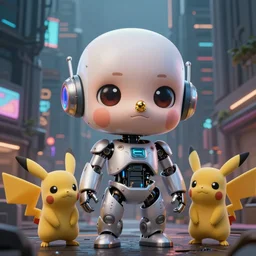 high quality 3 d render cute cyborg hanuman! with gold nose piercings, highly detailed, cyberpunk mumbai in the background, unreal engine cinematic smooth, in the style of solaris & detective pikachu, hannah yata charlie immer, moody light, low angle, uhd 8 k, sharp focus