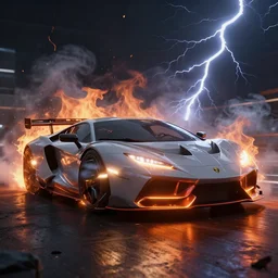 sport automotive, unreal engine render. flames, lightning, cinematic lighting, smokes. peder balke, john watkiss, and paul gustav fischer.