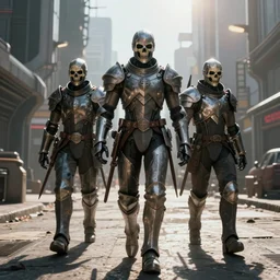 photorealistic cyborg knights with skull masks exploring post - apocalyptic futuristic city streets. daylight. sunlight. lens flare. light fixtures. 8 k. detailed. photorealism. artstation. 2 5 mm f 1. 7 a