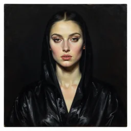 hyperrealism mixed with classicism, oil painting, close - up portrait of fashion model, painting instead of head, fully clothes in black reflect robe, complete darkness, in style of classicism mixed with 8 0 s sci - fi hyperrealism
