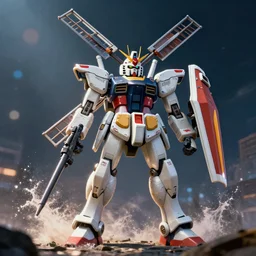 gundam as dutch windmill in gears of war, splash art, movie still, cinematic lighting, ray tracing, octane render, long lens, shallow depth of field, bokeh, anamorphic lens flare, 8 k, hyper detailed, 3 5 mm film grain