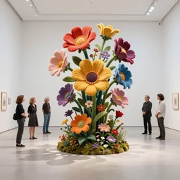 etablishing wide view shot of stunning colorful intriguing cute * poetic * living sculpture of a mythic flowers living form by * beth cavener * in empty white space exposition. elegant flowers living form. with collaboration of ellen jewett, ghibli, beth cavener, sayaka ganz, edouard martinet, john o'reilly and judith klausner. joyfull