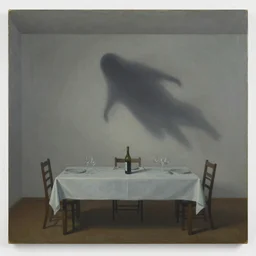 wide shot of a ghostly shadow floating above the dinner table Karin andersson painting