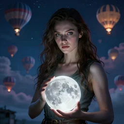 a hyperrealistic detailed, cinematic, mid shot portrait of a detailed woman. the woman is holding a glowing 3 d realistic blood moon. the background is a detailed night sky filled with hot air balloons and swirling clouds by kuvshinov and bilibin, karol back, barclay shaw