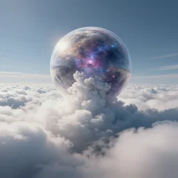 Cosmic inflation bubbles peaking through the clouds clouds, concept art, matte painting, 8k, highly detailed, artstation, fluffy clouds, high quality,