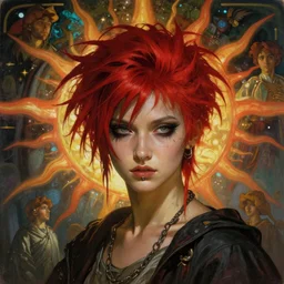 stunning, breathtaking, awe-inspiring award-winning concept art nouveau painting of an attractive punk Ashlwy Liao with messy eyeliner, a septum piercing, and extremely short spikey hair dyed bright red, as the goddess of the sun, with anxious, piercing eyes, by Alphonse Mucha, Michael Whelan, William Adolphe Bouguereau, John Williams Waterhouse, and Donato Giancola, cyberpunk, extremely moody lighting, glowing light and shadow, atmospheric, cinematic, 8K