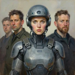 portrait of a futuristic female soldier, oil on canvas, by jeffrey catherine jones and enki bilal and winslow homer