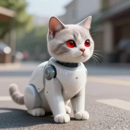robot cat in a street the cat's eye is red and the weather is sunny photo realistic 4 k