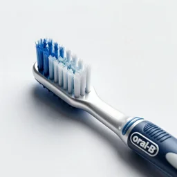 ( oral - b toothbrush ) designed by apple, studio photo, white backdrop, studio light, solid works, octane render, macro shot, in focus, dept of field, silver, blue, black design
