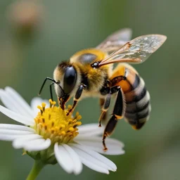 super macro of a mechanical bee drinking from a flower in the forest. fantasy magic style. highly detailed 8 k. intricate. nikon d 8 5 0 3 0 0 mm. award winning photography.