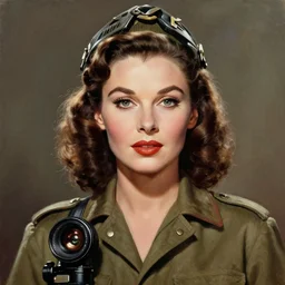 epic professional digital portrait art of hedy lamarr, airforce pilot, 4 5 mm lens, painting, facing front, by neal adams and joelle jones artstation, cgsociety, wlop, epic, much wow, much detail, gorgeous, detailed, cinematic, masterpiece