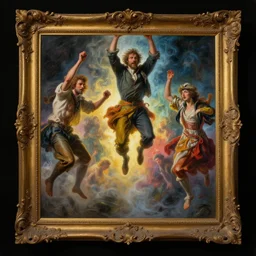 a baroque neoclassicist close - up painting of people jumping out of picture frames. backlit, reflective detailed textures. glowing colorful fog, black background. highly detailed fantasy science fiction painting by moebius, norman rockwell, frank frazetta, and syd mead. rich colors, high contrast. artstation