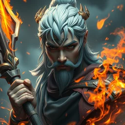 a masterpiece portrait of nezha, legendary god holding spear, man, flame everywhere, epic pose, fantasy character portrait, closeup shot, hyper detailed, digital painting, 8 k realistic, trending on artstation, sharp focus, dof, by fenghua zhong, artgerm, ne zha from smite, jeff easley, raymond swanland