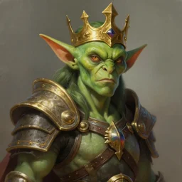 half - length portrait of a goblin warrior. green skin, gold crown. fantasy, digital painting, hd, ultra - detailed.