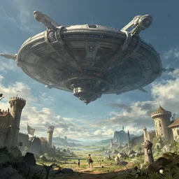 A medieval fantasy landscape with a enormous futuristic space station orbiting in the sky, shot from the ground by simon stålenhag, rendered by Beeple, by Makoto Shinkai, syd meade, concept, digital art, unreal engine, WLOP, trending on artstation, 4K UHD image, octane render,