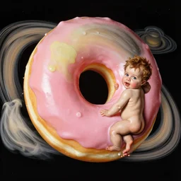 saturn devouring his pink frosted donut in the style of saturn devouring his son by francisco goya