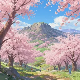 cherry blossoms in the rocky hills, Low level, rendered by Beeple, Makoto Shinkai, syd meade, simon stålenhag, synthwave style, digital art, unreal engine, WLOP, trending on artstation, 4K UHD image, octane render,