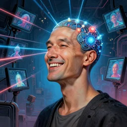 zen meditator, happiness, screens, cinema, cinematic, eeg nodes on scalp, highly detailed masterpiece illustration by moebius, incredible piece of art, lasers and lights and ideas zapping through the air, incredible cyberpunk background